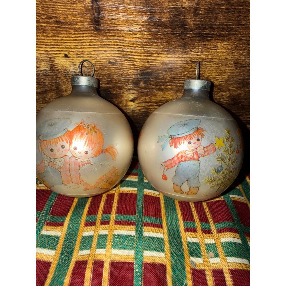 Vintage Hallmark Glass Christmas Ornaments Set 2 Frosted Ball Children Decals